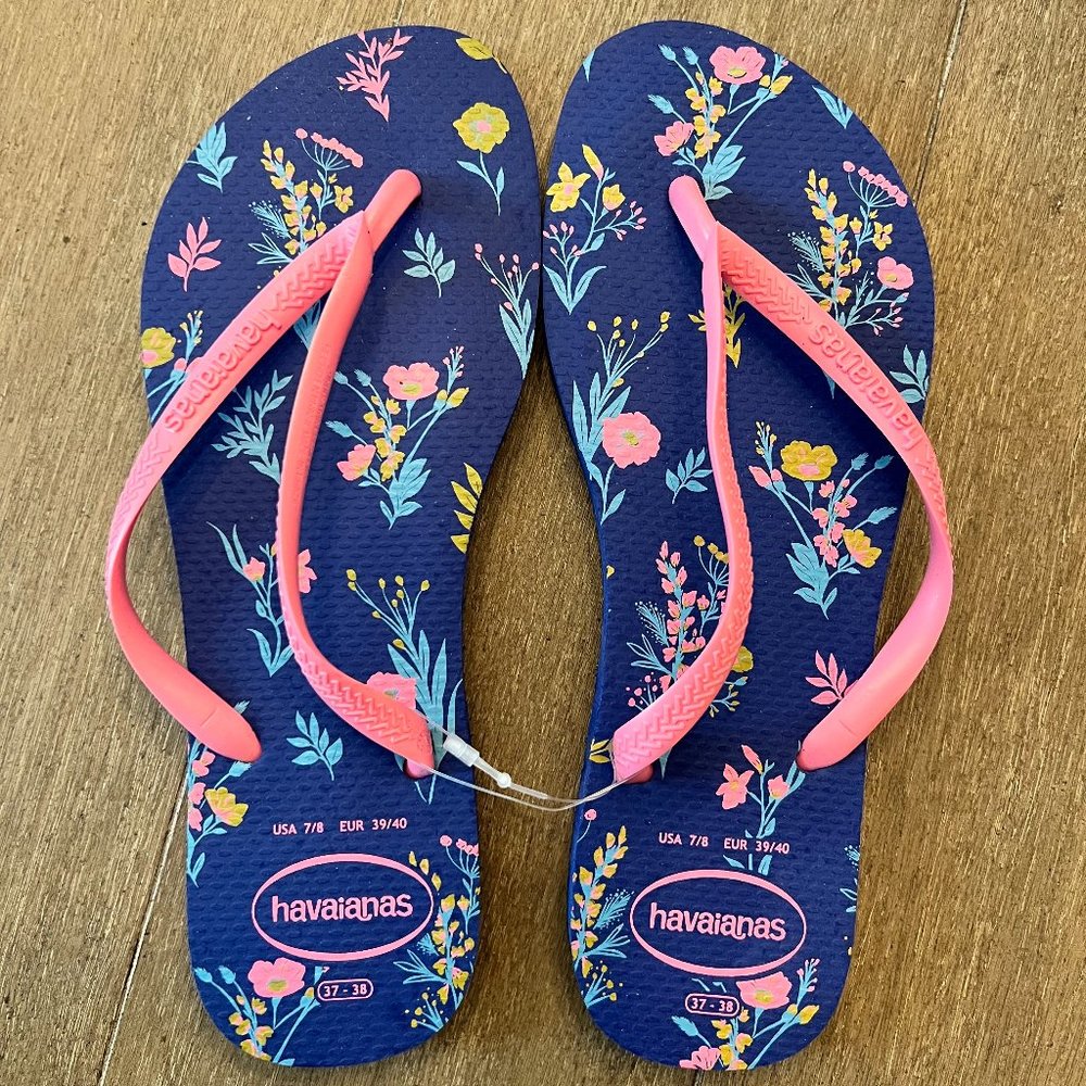 Havaianas Women's Slim Blue Floral Flip Flop Sandal Size 7/8